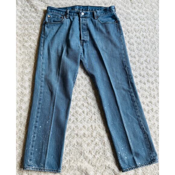 Levi's 501 Blue Denim Paint Splatter Medium Wash Jeans Size 34 x 29 Vintage - Picture 1 of 10